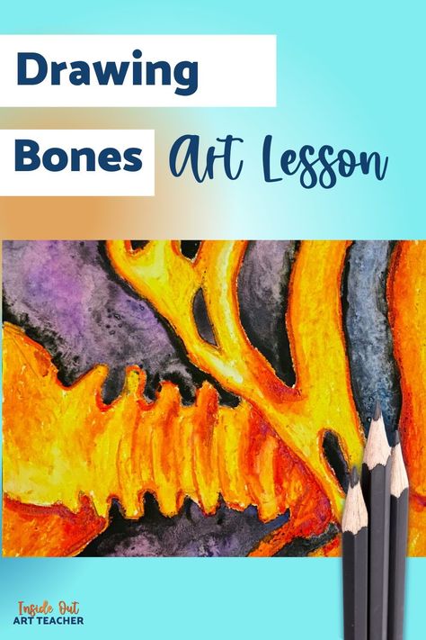 This negative space oil pastel and watercolor middle or high school art lesson is perfect for homeshcool art, in the classroom or distance learning. The art project begins by having students look at a photo reference of bones and only focus on the negative spaces. They are instructed to draw only the shapes and space between the bones. Next they use the elements and principals of design to add interest. Oil Pastel High School Art Projects, Oil Pastel Projects High School, Space Oil Pastel, Negative Space Art Lesson, Space In Art, Oil Pastel And Watercolor, Homeschool Art Projects, Negative Space Art, Positive And Negative Space