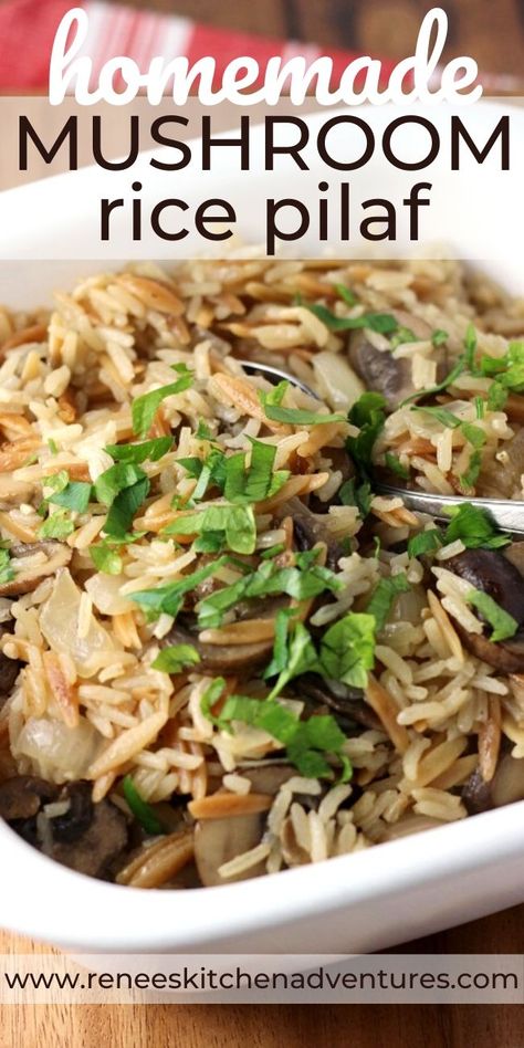 Rice Pilaf Recipe Easy, Mushroom Rice Pilaf, Mushroom Pilaf, Vegetable Rice Pilaf, Easy Rice Pilaf, Buttery Rice, Protein Options, Rice Pilaf Recipe, Pilaf Recipe