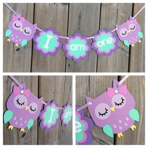 Teal Banner, Owl 1st Birthdays, Owl Banner, Owl Themed Parties, Owl Birthday Parties, Cake Banner, Owl Birthday, Purple Owl, Owl Party