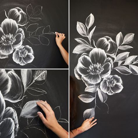 How To Create Gorgeous Chalk Art Chalk Mural, How To Draw Flowers, Chalk Wall, Draw Flowers, Flower Drawings, Chalk Lettering, Chalkboard Designs, Drawing Flowers, Wall Art Crafts