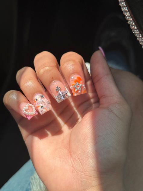 Junky Charm Nails Short, Shorties French Tip, Short French Tip Acrylic Nails Design, French Tips With Charms, Short Nails With Charms, Nails Shorties, Glittery Acrylic Nails, French Tips Nails, Short French Tip Nails