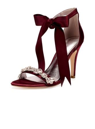 Women's Silk Like Satin Stiletto Heel Peep Toe Pumps Sandals With Bowknot Rhinestone Ribbon Tie Lace-up (047206725) - JJ's House Wedding Shoes Bride Heels Summer, Burgundy Heels Wedding, Maroon Wedding Shoes, Red Wedding Shoes Brides Heels, Red Rhinestone Wedding Heels, Burgundy Shoes Wedding, Black Wedding Shoes Bride, Red Wedding Heels, Burgundy Quince