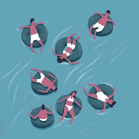 A group of people float down a river on innertubes Person Floating In Water Reference, Person Floating In Water, Floating In Water Illustration, Floating On The River, Woman Floating In Water Drawing, Swim Float, River Float, Water Illustration, Wave Illustration