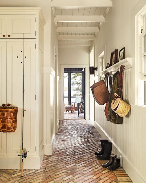 Entryway Wallpaper, Decorating With Antique Furniture, Michigan Lake House, Functional Mudroom, Reclaimed Wood Ceiling, Mudroom Flooring, Michigan Lake, Mudroom Ideas, Reclaimed Brick