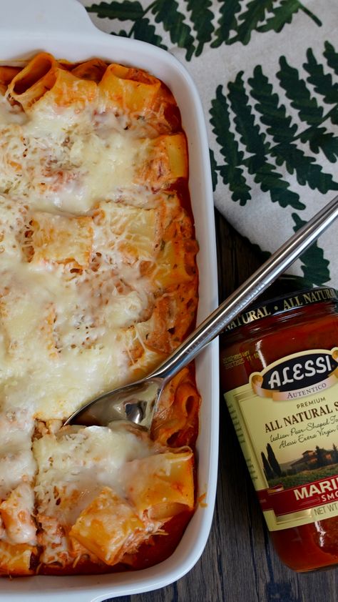 Using Alessi San Marzano Tomatoes and Smooth Marinara Sauce. This creamy decadent dish is perfect to make ahead of time and just pop in the oven before serving! Stuffed Paccheri Pasta Recipes, Paccheri Rigati Recipe, Paccheri Pasta Recipes, November Meals, Asian Pork Meatballs, Baked Ravioli, Marzano Tomatoes, Ravioli Bake, Baked Ziti Recipe