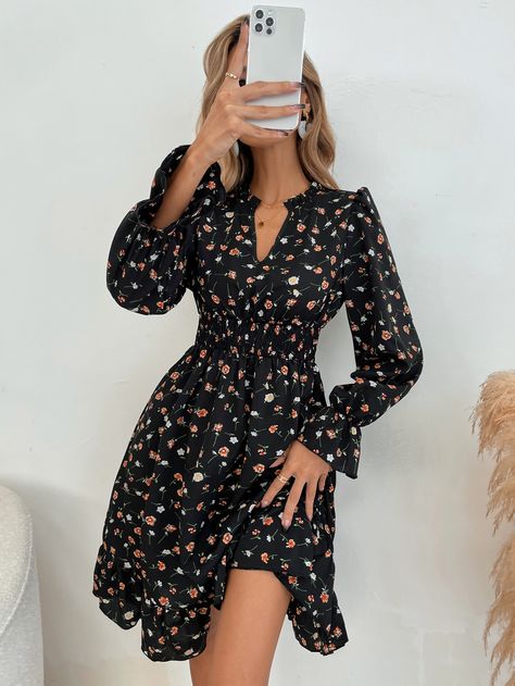 Multicolor Casual  Long Sleeve Polyester Floral A Line Embellished Non-Stretch Spring/Summer Women Dresses Shirred Waist Dress, Ribbed Knit Dress, Dresses 2024, Dress For Short Women, Spring Style, Women's Summer Fashion, Waist Dress, Spring Dresses, Outfits Aesthetic