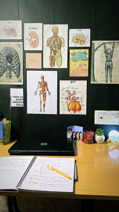 Medical students study corner :) Mbbs Student Room Decor, Doctors Room Aesthetic, Medical Table Decorations, Med School Room Decor, Medical Student Study Table Aesthetic, Desk Medical Student, Neet Aspirant Study Table Decor, Medical Desk Decor, Med Student Study Table