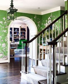 Green Chinoiserie, Stair Railings, Chinoiserie Decorating, Chinoiserie Wallpaper, Southern Homes, Green Room, Chinoiserie Chic, Foo Dog, Southern Home