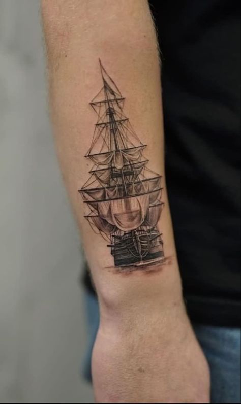 Forearm Ship Tattoo, Pirate Ship Tattoo Drawing, Small Ship Tattoo, Ocean Theme Tattoo, Ship Tattoo Ideas, Viking Ship Tattoo, Ship Tattoos, Nautical Tattoo Sleeve, Boat Tattoo