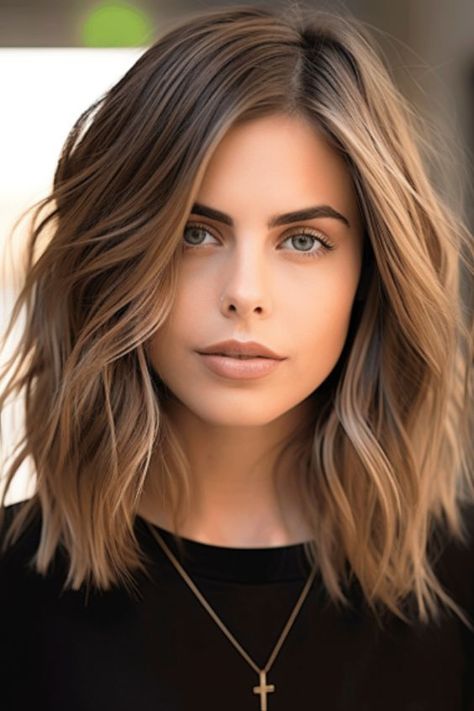 Shoulder Length Hair Over 40 Over 40, Medium Length Hair Styles Side Part, Mid Hair Length Styles Layers, Shoulder Length Hair Face Framing Layers Side Part, Medium Length Haircut For Thick Hair Side Part, Women Mid Length Haircuts, Mom Cut 2023 Round Face, Long Bob With Side Part, Long Haircut With Side Part