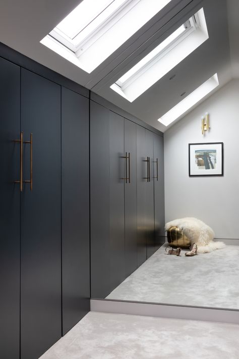 Loft Conversion Storage, Loft Bedroom Decor, Loft Wardrobe, Restored Victorian Homes, Grey Wallpaper Bedroom, Dark Gray Bedroom, Loft Conversion Bedroom, Eaves Storage, Sky Lights