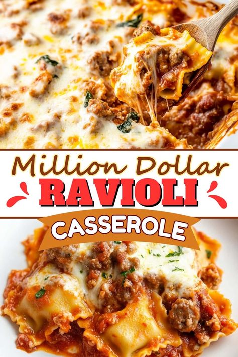 This million-dollar ravioli casserole is too good to miss! Loaded with tender pasta, sausage, and plenty of melty cheese Million Dollar Ravioli Casserole, Million Dollar Ravioli, Baked Tortellini Recipes, Italian Pastas, Pasta Sausage, Cajun Potatoes, Ravioli Casserole, Baked Ravioli, Ravioli Lasagna