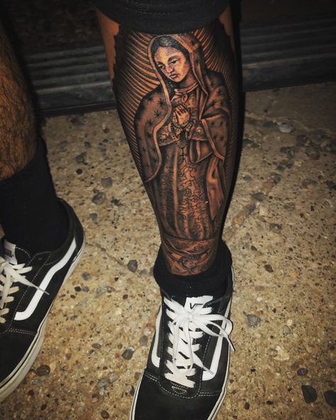 Virgin Mary Tattoo Leg, Mexican Tattoos Men, Chicano Leg Tattoo, Hispanic Tattoos, Mother Mary Tattoos, Maria Tattoo, Virgin Mary Tattoo, Mexican Tattoo, Shin Tattoo