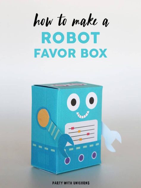 Are you planning a robot party? Download this free template to create a Robot Favor Box. This DIY robot favor is the perfect way to send your guests home with a special treat. They are also super cute Robot Party decorations. Diy Robot Projects, Robot Template, Robot Box, Outdoor Games For Preschoolers, Robot Party Favors, Diy Party Bags, Robot Project, Batman Coloring, Pool Party Gift