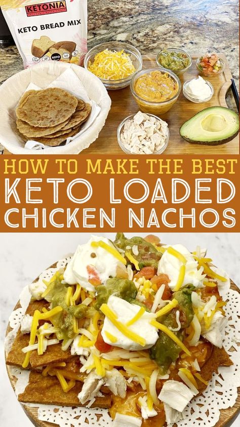 Keto Loaded Chicken Nachos Spicy, cheesy and oh-so-good, these keto chicken nachos make the perfect party nibble or mid week treat. These are made with a simple homemade recipe and topped with all your favorite Mexican ingredients. These nachos are easy to make and can be prepared very quickly if you prepare your tortillas ahead of time. https://ketoniafoods.com/recipes/how-to-make-the-best-keto-loaded-chicken-nachos Loaded Chicken Nachos, Mexican Ingredients, Loaded Chicken, Vegetable Appetizers, Asian Chicken Recipes, Low Carb Chicken Recipes, Keto Dinners, Chicken Nachos, Low Carb Diet Recipes