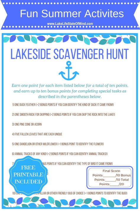 Fun and Free summer activities to do with your kids. Get your kids outside and into nature. Enjoy this free scavenger hunt printable. Fun activity ideas perfect for the lake but all activities can be used in any outdoor space making this great for all children! Lake House Activities, House Activities For Kids, Free Summer Activities, Nature Scavenger Hunt, Scavenger Hunt Printable, Lake Activities, Lake Party, Lake Fun, Free Activities For Kids