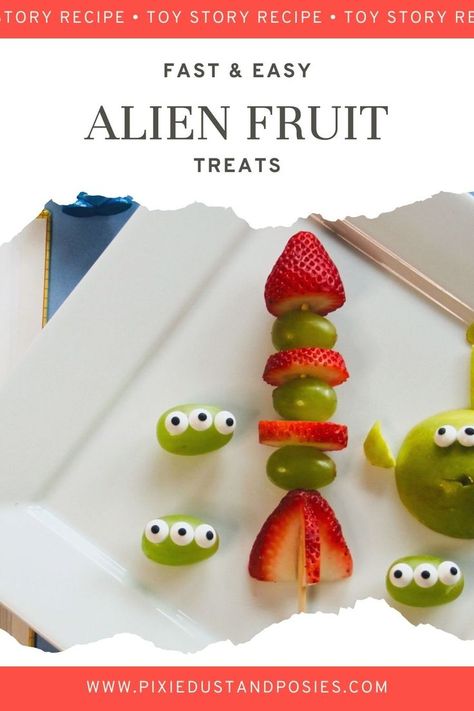 These alien fruit snacks are so quick and easy to make and your guests will love them! Grab some grapes, Granny Smith apples, strawberries, and a few candy eyes and let your imagination soar! These treats were served on our Toy Story Disney movie night. Alien Fruit, Toy Story Food, Fruit Treats, Candy Eyes, Toy Story Baby, Disney Movie Night, Toy Story Movie, Disney World Food, Toy Story Alien