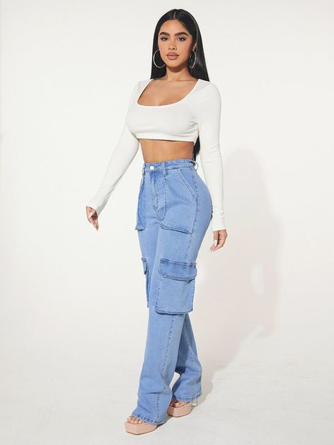 SHEIN SXY Jeans cargo con bolsillo con solapa | SHEIN USA Jean Cargos Outfits, Flap Pocket Cargo Jeans, Jeans Cargo, Clean Body, Bodycon Dress Parties, Women Denim Jeans, Cargo Jeans, Clothing Size Chart, Womens Clothing Sizes