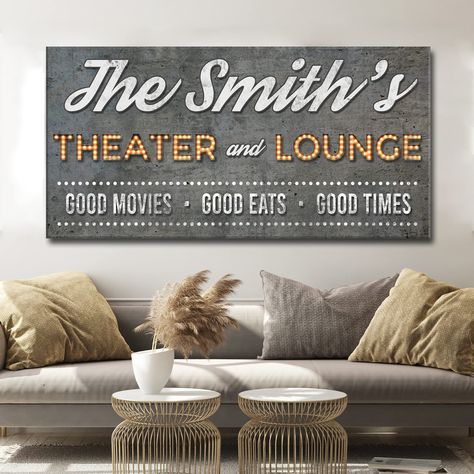 PRICES MAY VARY. Museum-Grade Quality - Personalized Theater Sign Prime Gallery-Wrapped Canvas Country Wall Art; No sagging, dents, accidental rips; Printed using UV-Resistant Ink with a neatly folded edge to complete that Rustic Décor look! Hassle-Free - This Custom Theater Canvas Sign Home Decor Comes with Ready-to-Hang Hooks; Water-resistant custom name wall decor print; Cleans easily using a damp cloth. Made in Florida - 100% produced in the US, we're confident that these personalized family Lounge Sign, Theater Sign, Theater Room Decor, Movie Theater Decor, Cinema Sign, Theater Decor, Theatre Sign, Movie Lover Gift, Home Theater Decor