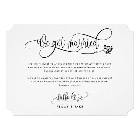 Modern We Got Married Wedding / Elope Announcement | Zazzle.com Elope Announcement, Wedding Announcements Wording, Wedding Announcement Cards, Marriage Announcement, Elopement Announcement, Cabin Wedding, Marriage Invitations, We Got Married, We Get Married