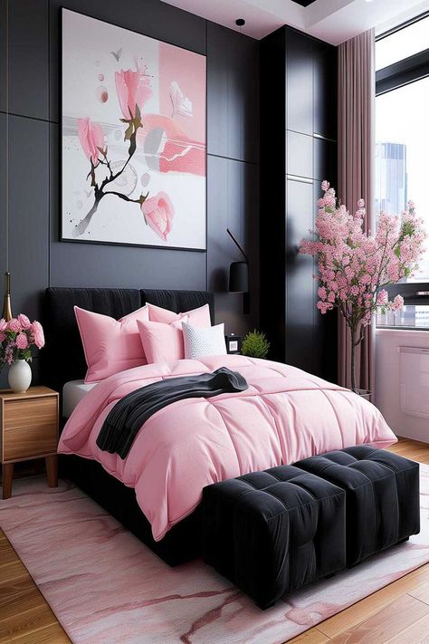 Modern bedroom with pink bedding and floral accents Black Room With Pink Accents, Pink Black Room Decor, White Black And Pink Bedroom, Black And Pink Bed, Pink Grey And Black Bedroom, Apartment Inspiration Black, Pink White And Black Bedroom, Pink Black And Gold Bedroom, Pink Black White Bedroom