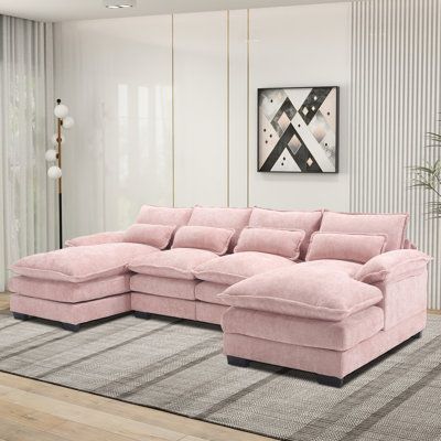 Indulge in ultimate comfort and relaxation with this 4-Piece Modern Upholstered Sectional Sofa & Chaise. Complete with 2 chair seats and 2 chaises, this Chenille U-shape sofa brings us spacious seating to rest with our family and friends in comfort. Its solid hardwood frame, along with durable high-density memory foam-filled cushions and solid black legs, flawlessly guarantees excellent body support, long-lasting durability and stability. Feel at ease to enjoy a cozy leisure movie night on it by Cute Couches For Bedrooms, Sectional Living Room, Cloud Couch Living Room, Bedroom Couch, Pink Couch, U Shaped Sectional Sofa, Apartment Decorating Living, Sectional Sofa With Chaise, U Shaped Sofa