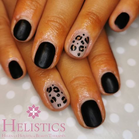 Matte Black Nails With Leopard, Black And Tan Leopard Nails, Black With Leopard Nails, Black And Gold Leopard Nails, Black And Leopard Print Nails, Black Nails With Leopard Design, Black And Tan Nails Designs, Black And Leopard Nails, Black Manicure Ideas