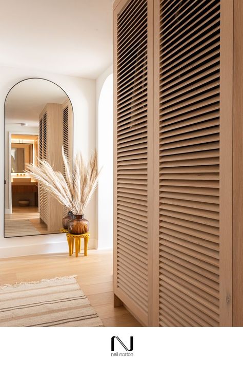 Slatted Wardrobe Doors, Slatted Door Wardrobe, Corridor Cupboard, Louvered Wardrobe, Boho Cupboard, Slated Door Wardrobe, Japandi Sliding Wardrobe, Light Wood Wardrobe Bedrooms, Bespoke Cupboards