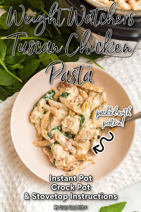 This Weight Watchers Tuscan Chicken Pasta is an easy weeknight meal! Make this WW dinner recipe in the Instant Pot, Crockpot, or on the stove. Blue, Purple, and Green Plan Points Included. #ww #weightwatchers #myww My Crazy Good Life, Weight Watchers Crock Pot Recipes, Ww Dinner, Tuscan Chicken Pasta, Weight Watchers Meal Plans, Weight Watchers Recipes Desserts, Weight Watchers Chicken, Weight Watcher Dinners, Tuscan Chicken