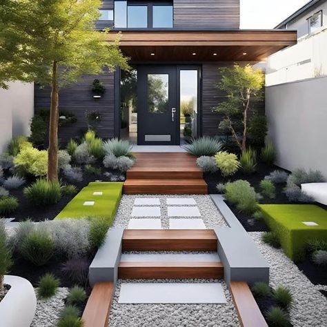 Landscape Ideas Open Front Yard Landscaping, Landscape Modern Design, Front Garden Entrance, Modern Landscape Design Front Yard, Modern Front Yard Landscaping Ideas, Modern Front Yard, Courtyard Gardens Design, Outdoor Steps, Front Yard Design