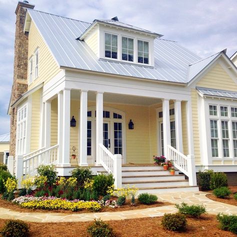 yellow house exterior, from The Lettered Cottage Facebook page House With White Trim, Cottage Exterior Colors, Yellow House Exterior, Yellow Cottage, Cottage Exterior, Yellow House, Roof Colors, Exterior Paint Colors For House, Yellow Houses