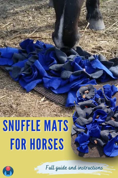 A black horse noses into a blue and gray horse snuffle mat with treats hidden inside. Inset image shows the snuffle mat with carrots and apples as treats. Below, blue text on yellow background reads Snuffle Mats for Horses Full Guide and Instructions with round, blue and red Enriching Equines logo in lower left corner. Diy Horse Toys, Toys For Horses, Horse Farm Ideas, Horse Barn Ideas Stables, Equine Care, Snuffle Mat, Horse Care Tips, Horse Games, Horse Treats