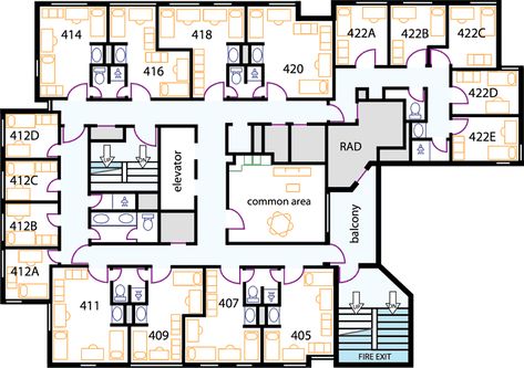 College Layout Floor Plans, Dorm Layout Floor Plans Kpop, Bloxburg Dorm Layout, Dorm Building Floor Plan, Dorm House Floor Plan, Dorm Floor Plan Layout, Boarding School Dorm Floor Plan, Boarding School Layout Plan Bloxburg, Bloxburg School Ideas Layout With Dorms