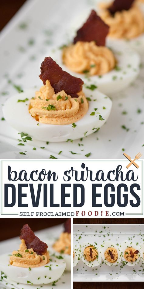 Sriracha Bacon, Sriracha Deviled Eggs, Brunch Appetizers, Dip Recipes Appetizers, Bacon Deviled Eggs, Scooby Snacks, Protein Packed Snacks, Bacon Recipe, Low Carb Protein