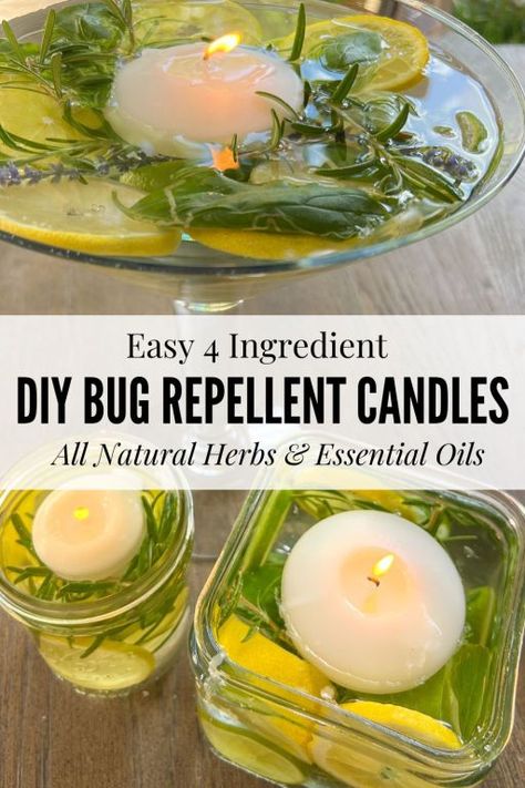 Make your own DIY Insect Repellent Candles and up the ambiance of summer outdoor meals while helping keep bugs at bay. They are not only easy, but these floating candle jars beautify your table and smell heavenly! Plus, a whole list of beautifully fragrant options for natural insect fighters including lemon, lime, rosemary, basil, and citronella. Citronella Candles Diy Wine Bottles, Diy Bug Candle, Mosquito Repellent Centerpieces, Lemongrass Bug Repellent, Mason Jar Bug Repellent Diy, Mosquito Repellent Candles Diy, Diy Bug Repellent For Porch, Backyard Candles Ideas, Bug Repellent Candles Diy