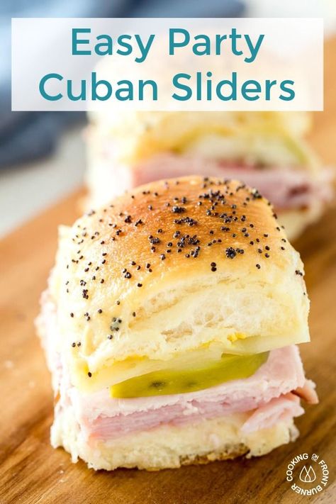 These Easy Party Cuban Sliders are loaded with ham, pork, swiss cheese, pickles and topped with a tangy Dijon mustard poppy seed spread. #gametimefood #party #sandwiches #sliders #gameday   via @cookfrontburner Game Time Food, Muhammara Recipe, Party Sliders, Cuban Sliders, Cheese Pickles, Gf Meals, Homemade Ham, Gamer Party, Fantastic Recipes