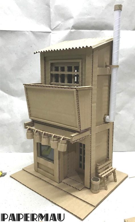 Cardboard Box Houses, Cardboard Art Sculpture, Cardboard Props, Cardboard City, Mache Art, Cardboard Model, Cardboard Box Crafts, Cardboard Sculpture, Cardboard House