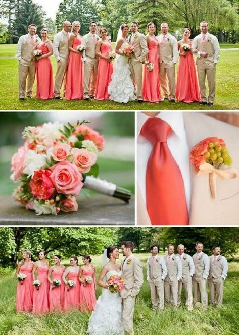 Coral wedding theme with coral and cream wedding attire, coral bouquet, botonniere, coral flowers , summer weddings, outdoor wedding ceremony. Coral Wedding Dress The Bride, Coral And Beige Wedding, Coral Fall Wedding, Coral Wedding Themes, Coral Wedding Colors, Coral Bridesmaid, Summer Wedding Colors, Coral Wedding, Wedding Theme Colors