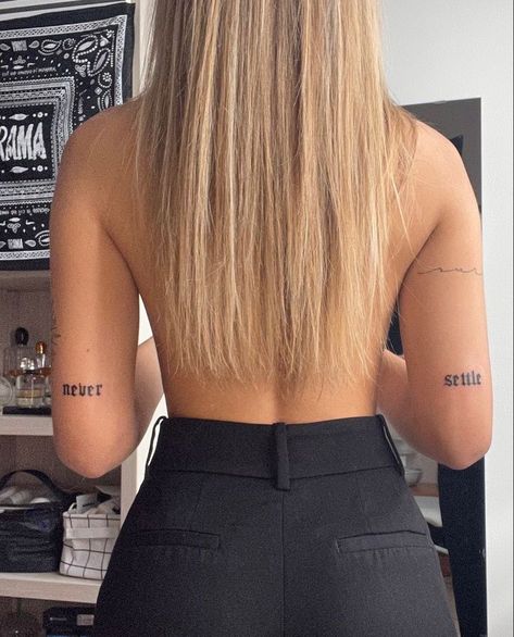 Word Tattoos On Back Of Arm, Both Elbow Tattoo, Small Tattoo All Over Arm, Date Above Elbow Tattoo, Last Name Font Tattoo, Back Of Both Elbows Tattoo, Tattoos By Elbow, Behind Arm Above Elbow Tattoo, Talk Back Tattoo