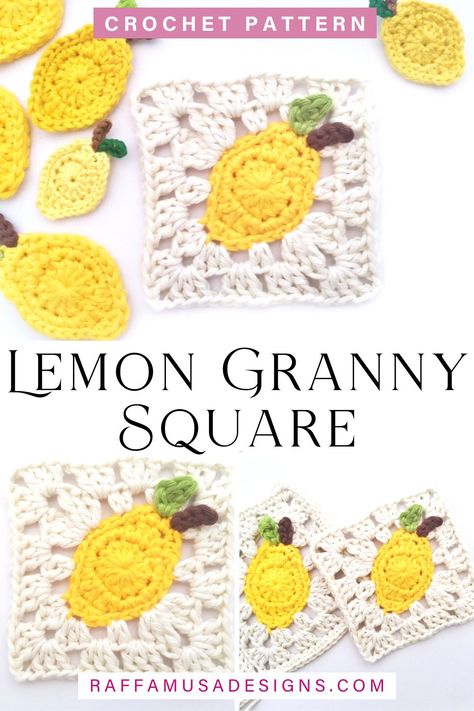 a collage of pictures showing some crochet lemon granny squares and crochet lemon appliques Pineapple Granny Square Crochet Pattern, Lemon Granny Square Crochet Pattern, Summer Granny Square Pattern, Summer Crochet Granny Squares, Crochet Sun Applique Free Pattern, Peach Granny Square, Cherry Granny Square Pattern, Unique Granny Square Crochet Patterns Free, Lemon Crochet Bag