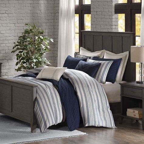 Amazon.com: MADISON PARK SIGNATURE Farmhouse 9 Piece Woven Jacquard Stripe Design Comforter Set for Bedroom, Queen Size, Blue: Home & Kitchen Farmhouse Comforter, Blue Comforter Sets, Blue Comforter, Farmhouse Bedding, Lodge Style, King Comforter Sets, Queen Comforter Sets, Madison Park, Bed Sets