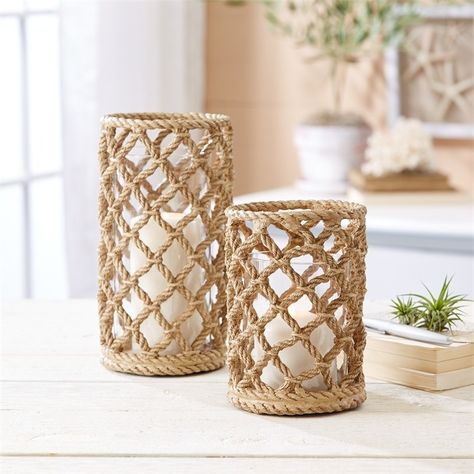 Set of 2 Braided Rope Candle Holders with Glass Sleeve #affiliate Diy Rope Design, Rope Candle Holder, Rope Candle, Beaded Bouquet, Jute Crafts, Diy Candle Holders, Diy Upcycling, Rope Crafts, Braided Rope