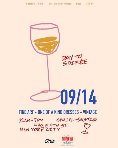 09/14 all day party! RSVP/add to calendar at link in my bio. with @drinkghia spritz, @pailshopvineyards wines, and more little goodies Wine Flyer, Wine Promotion, Menu Design Layout, Coquette Party, Winery Tasting Room, Wine Dinner, Wine Night, Event Flyer, Tasting Room