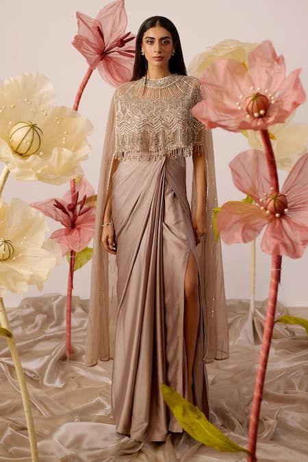 Aesthetic Catering, Drape Gowns Indian, Cape Dress Indian, Embroidery Elements, Silhouette Artwork, Blush Outfit, Gown With Cape, Western Gown, Indo Western Gown