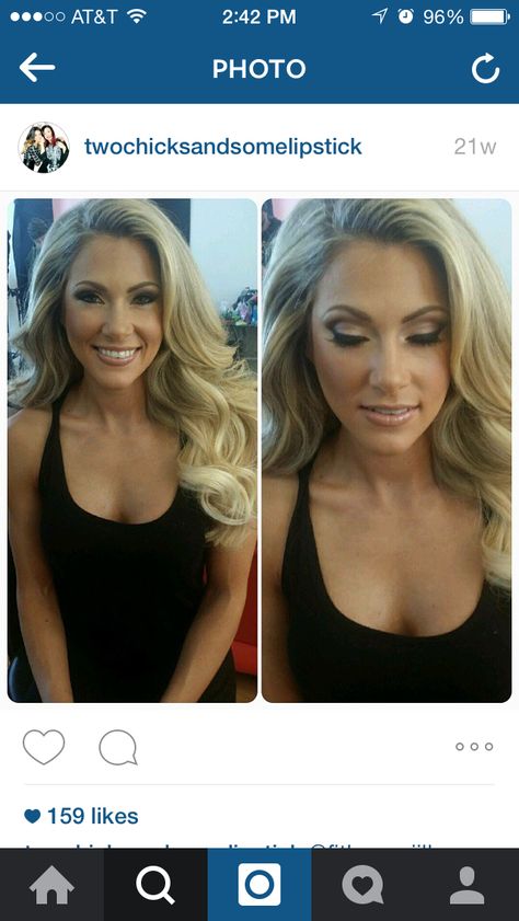 THIS Bachelorette Party Makeup Ideas, Pageant Hair For Strapless Dress, Figure Competition Hairstyles, Formal Curled Hair Down, Teased Curled Hair Wedding, Long Pageant Hair, Formal Hair Ideas Down, Fitness Competition Makeup, Comp Makeup