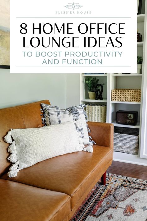 Home office lounge ideas perfect for hosting meetings, hosting guests, or serving as your own cozy reading lounge. Home Office Decor With Couch, Spare Room Den Ideas, Home Office Lounge Area Cozy, Home Office And Lounge Ideas, Office Sitting Room Combo Layout, Cozy Office Space With Couch, Home Office With Chaise Lounge, Study Room Couch, Couch In Home Office