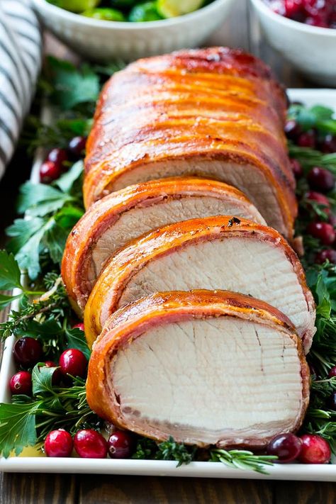 Bacon Wrapped Pork Loin Recipe | Bacon Wrapped Pork Roast | Grilled Pork Loin | Grilled Pork Recipe #bacon #pork #dinner #grilling #dinneratthezoo Pork Lion Recipes, Bacon Wrapped Pork Tenderloin Recipes, Pork Roasts, Bacon Wrapped Pork Loin, Wrapped Pork Tenderloin, Pork Tenderloin Oven, Grilled Pork Loin, Pork Loin Recipe, Bacon Wrapped Pork Tenderloin