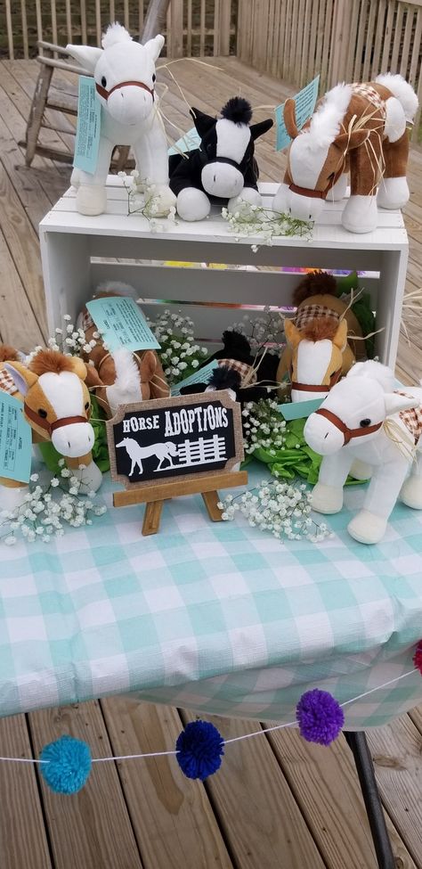 horse adoptions, birthday party, horses, each horse has a name and story Pony Ride Birthday Party Ideas, Saddle Up Birthday Party Decor, Cowgirl Western Birthday Party, Spirit 2nd Birthday Party, Horse Themed Second Birthday, 2nd Birthday Horse Theme, Horse Adoption Birthday Party, Pony Adoption Party, Horse Party Table Decor