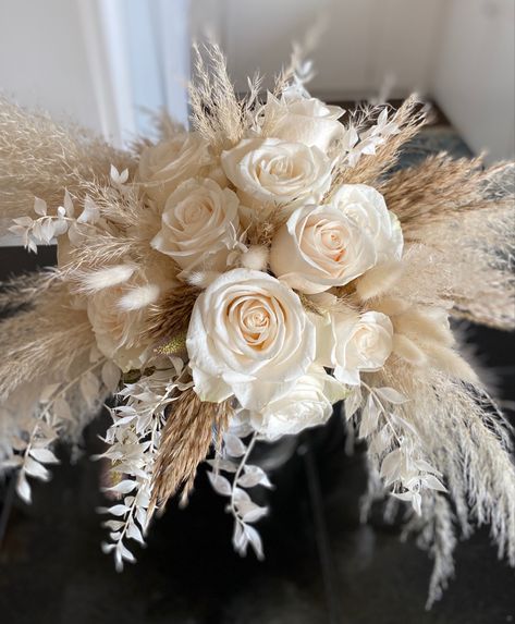 Boho Bridal Bouquet Pampas, Pampas With White Roses, Pampas Grass And Candle Centerpiece, Classy Chic Wedding Decor, Small Pampas Arrangement, Pampas And Rose Bouquet, Pampas And Roses Wedding, Pampas Flower Bouquet, Pampas Bride Bouquet