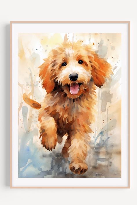 Dog Paintings Easy, Golden Doodle Painting, Doodle Art Dog, Golden Doodle Drawing, Watercolor Goldendoodle, Pet Doodles, Golden Doodle Art, Goldendoodle Art, Golden Doodle Puppy